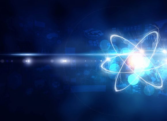 Atom molecule on space background as science concept. 3d rendering